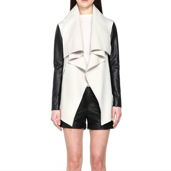 NWT$750 Mackage Shea Vane Draped Wrap Leather-Sleeve Wool Coat Jacket - Picture 2 of 16